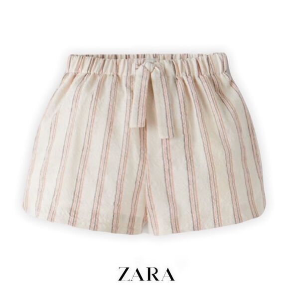 ZARA Kids | Ecru | TEXTURED LINEN BLEND STRIPPED SHORT - Picture 1 of 4